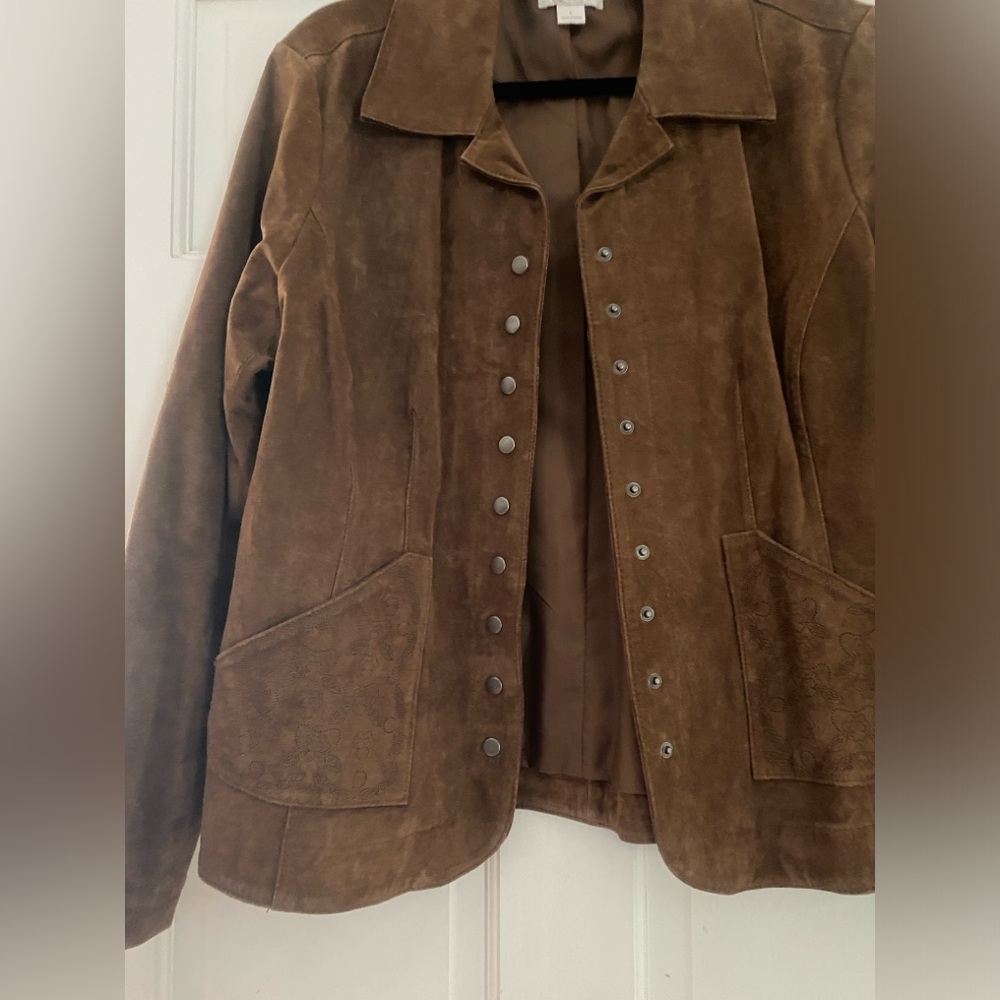 Christopher & Banks Brown Suede Jacket Women Large Lined Embroidered Details - Picture 12 of 12